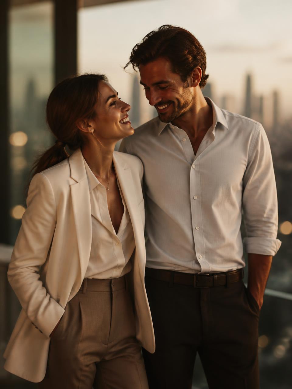 A romantic couple thriving in their careers, sharing a warm moment against a city skyline at golden hour